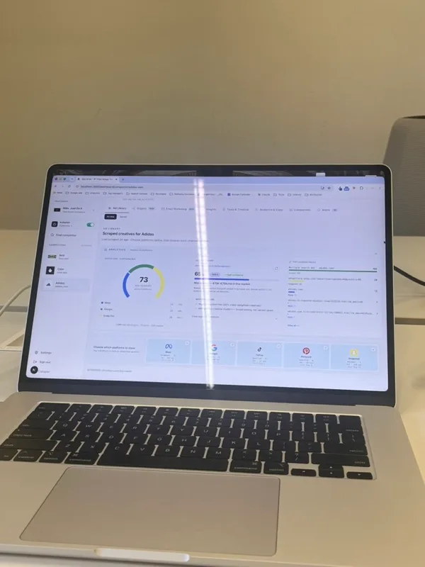 Ad Library dashboard with live ads across Meta, Google, and Snapchat